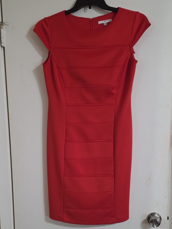 Studio One New York Dresses & Skirts - Chic Red Midi Sheath Dress‎ Cap Sleeves Structured Panel Bodycon Cocktail Party